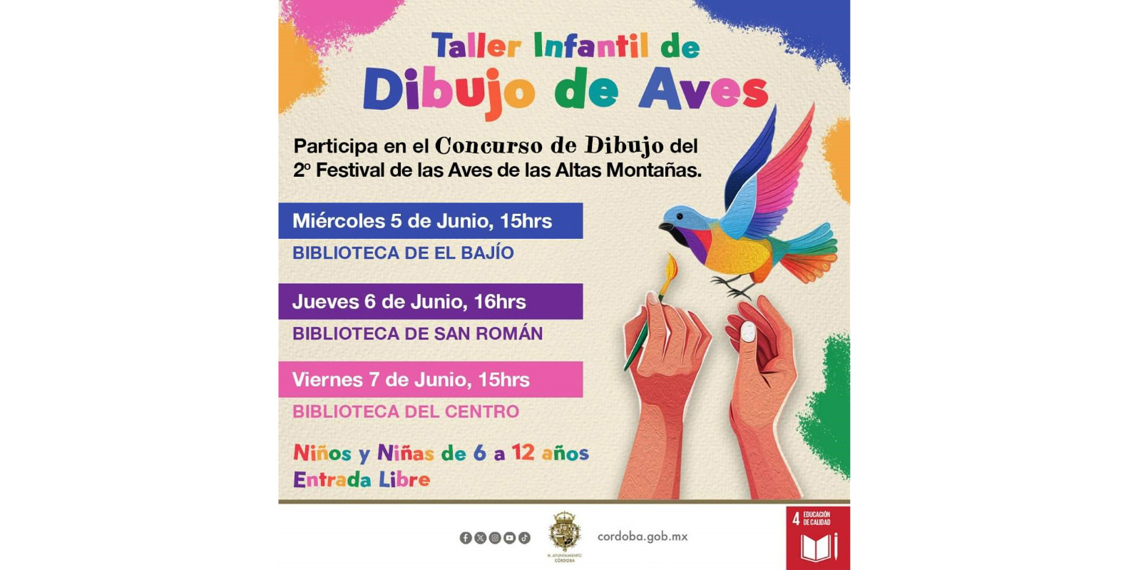 Convocan a talleres de dibujo de aves; amplían al 10 de junio plazo para participar en concurso dibujo de aves