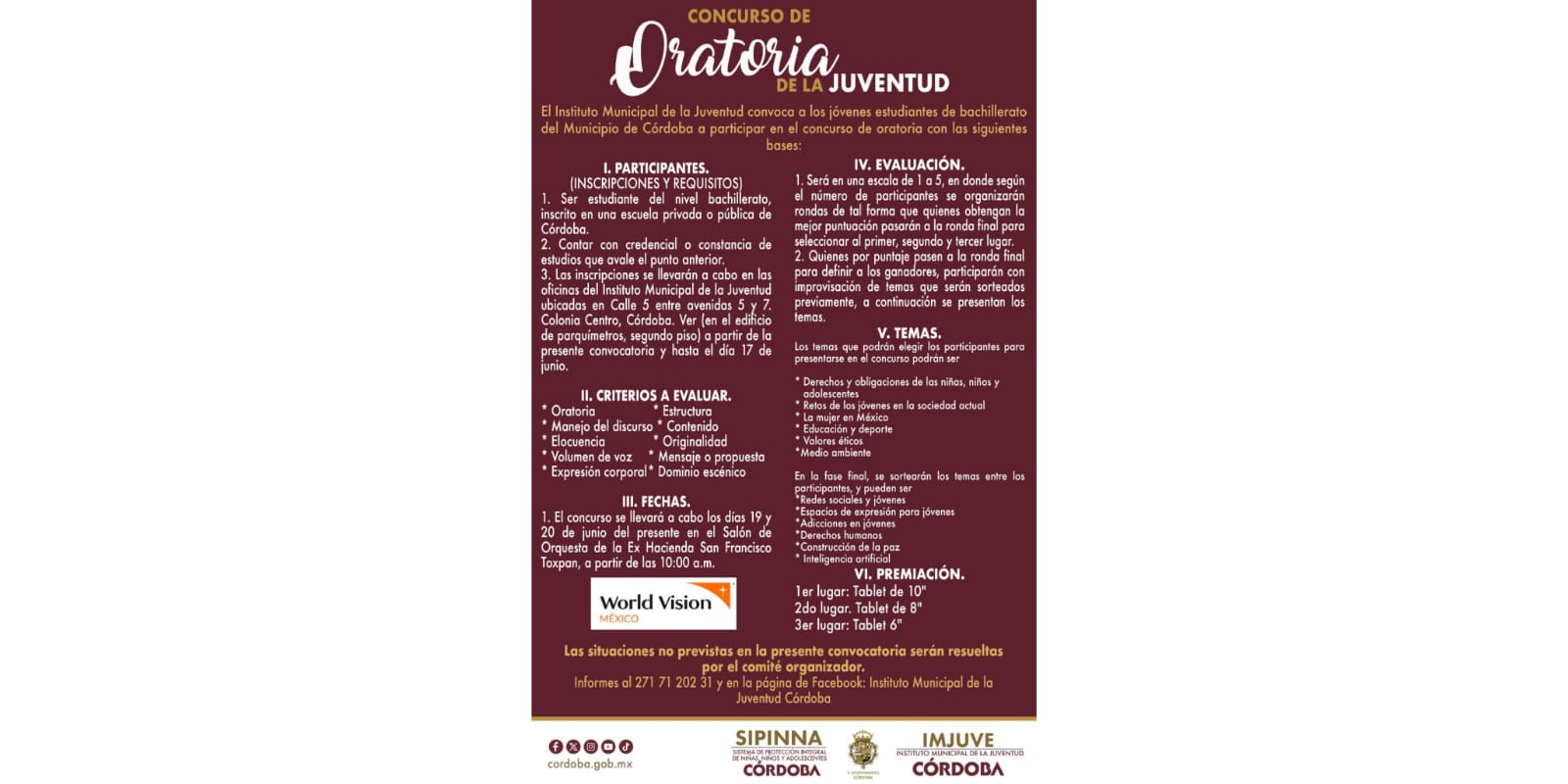 Convoca IMJUVE a participar en concurso de oratoria en Córdoba oratoria