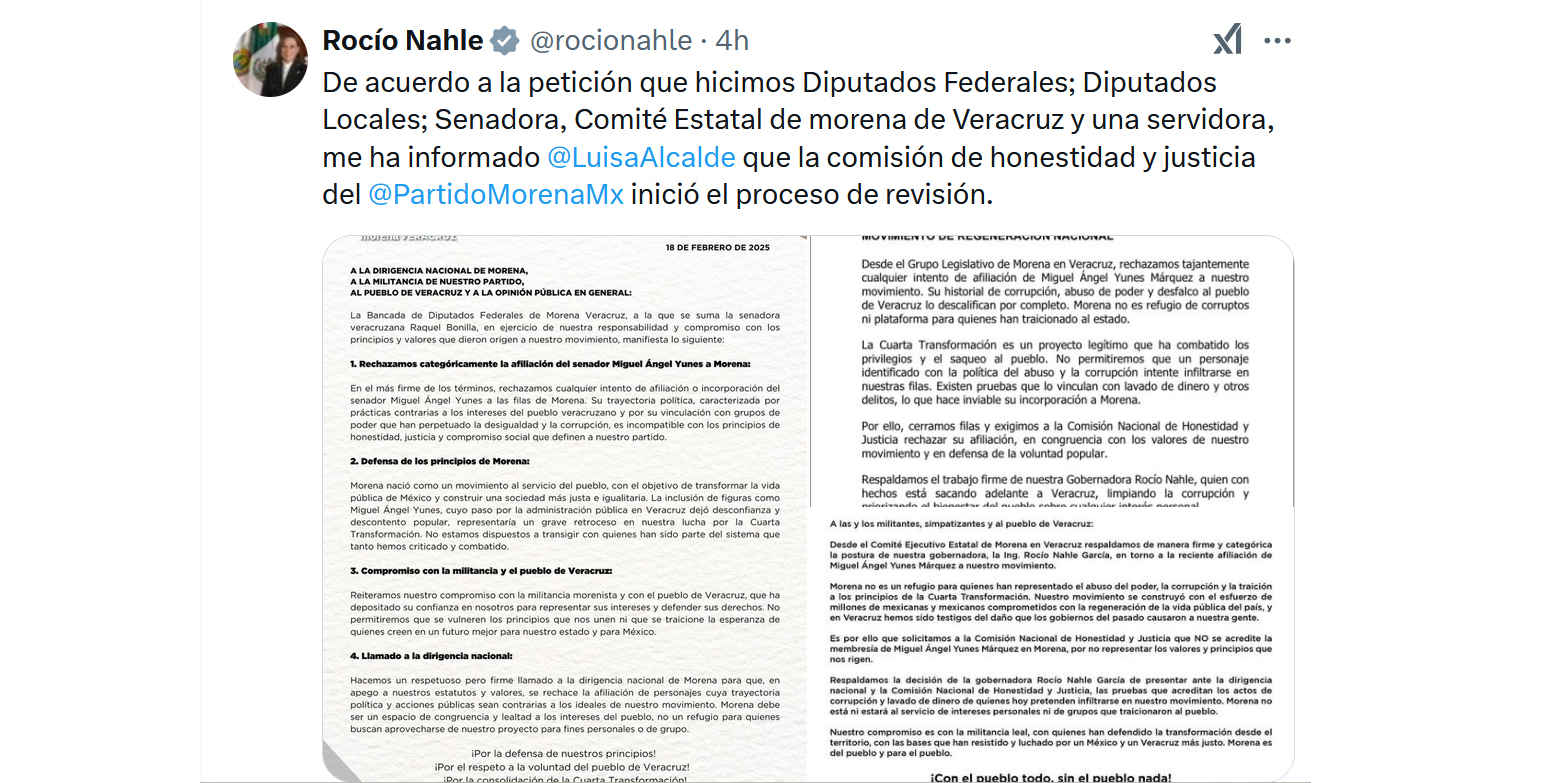 MORENA da entrada al proceso de revisión de la militancia de Yunes Márquez Nahle